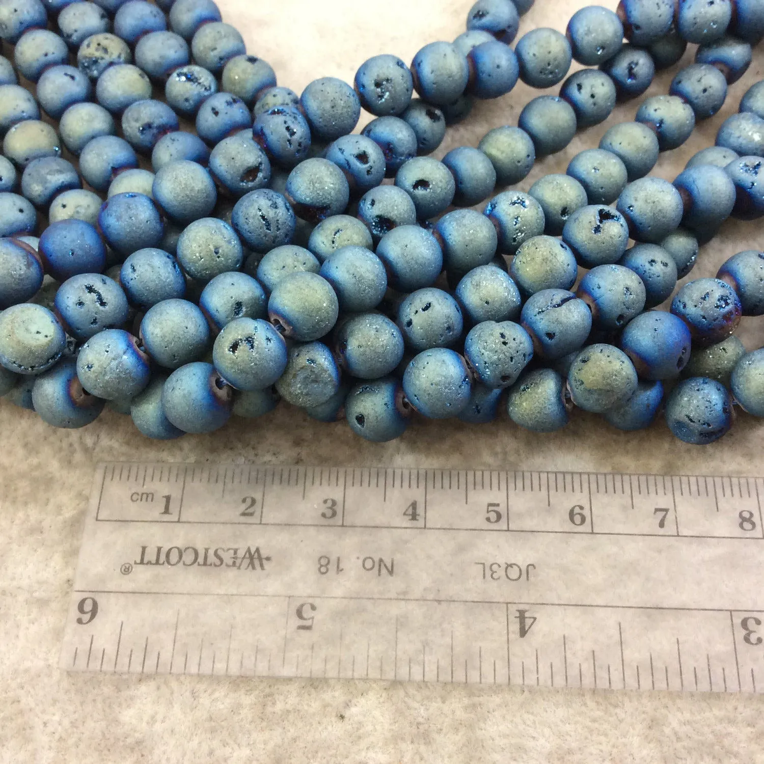 8mm Matte Finish Premium Medium Blue/Gold Druzy Agate Round/Ball Shaped Beads with 1mm Holes - Sold by 15.5" Strands (Approx. 48 Beads)