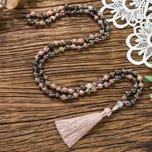 8mm Natural Black Line Rhodochrosite Beads Knotted Necklace Meditation Yoga Blessing