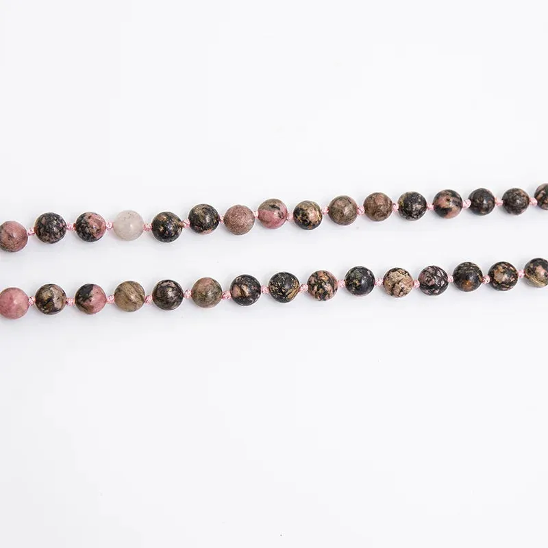 8mm Natural Black Line Rhodochrosite Beads Knotted Necklace Meditation Yoga Blessing