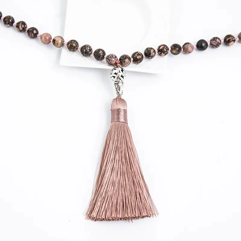 8mm Natural Black Line Rhodochrosite Beads Knotted Necklace Meditation Yoga Blessing