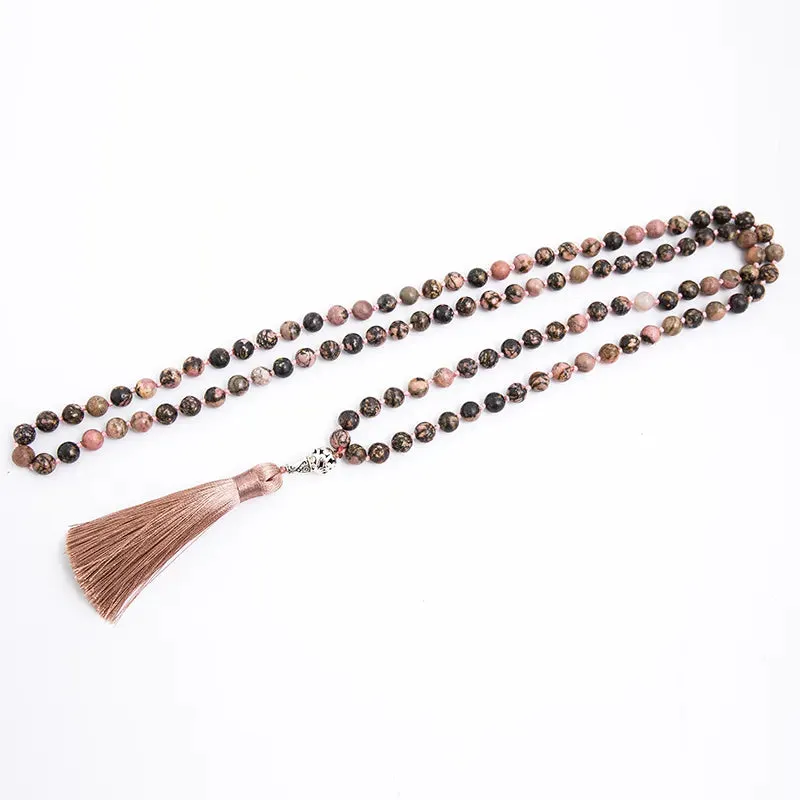 8mm Natural Black Line Rhodochrosite Beads Knotted Necklace Meditation Yoga Blessing
