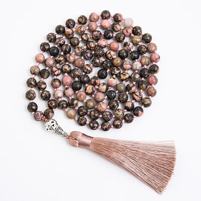 8mm Natural Black Line Rhodochrosite Beads Knotted Necklace Meditation Yoga Blessing