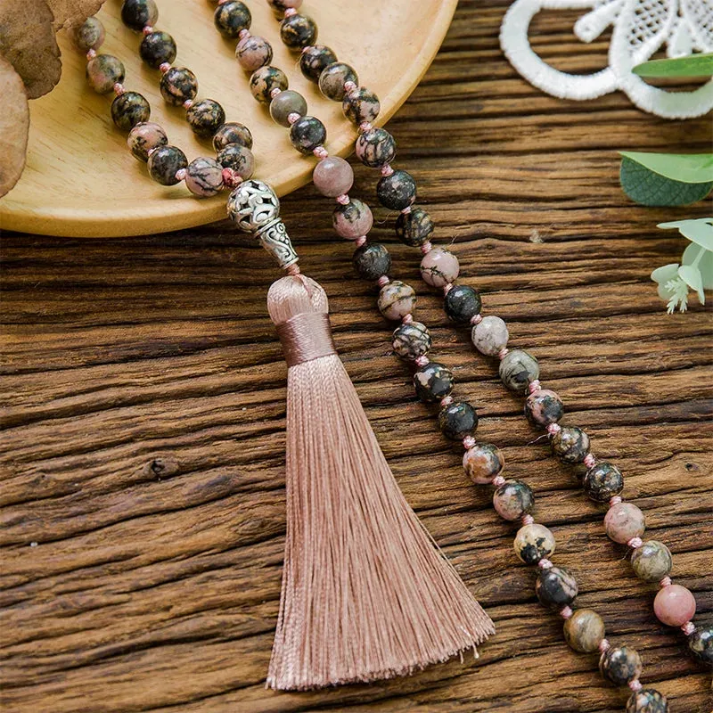 8mm Natural Black Line Rhodochrosite Beads Knotted Necklace Meditation Yoga Blessing