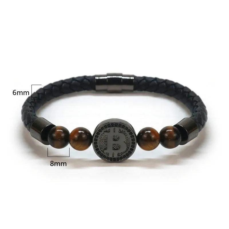 8mm Natural Tiger Eye Stone Luxury Leather Bracelets For Men Gold Color Bitcoin Bracelet Men Pulseira Masculina BT-8