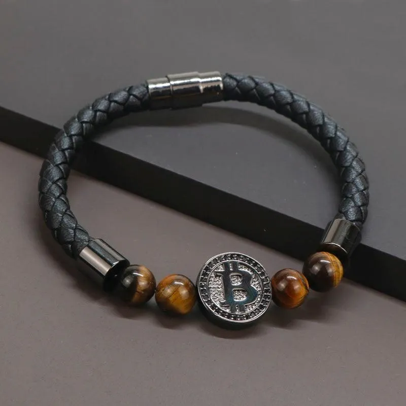 8mm Natural Tiger Eye Stone Luxury Leather Bracelets For Men Gold Color Bitcoin Bracelet Men Pulseira Masculina BT-8