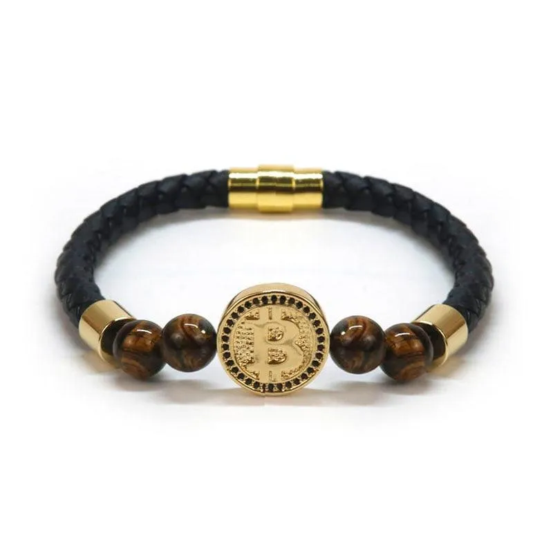 8mm Natural Tiger Eye Stone Luxury Leather Bracelets For Men Gold Color Bitcoin Bracelet Men Pulseira Masculina BT-8