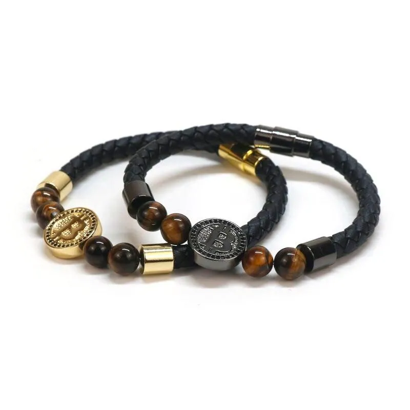 8mm Natural Tiger Eye Stone Luxury Leather Bracelets For Men Gold Color Bitcoin Bracelet Men Pulseira Masculina BT-8