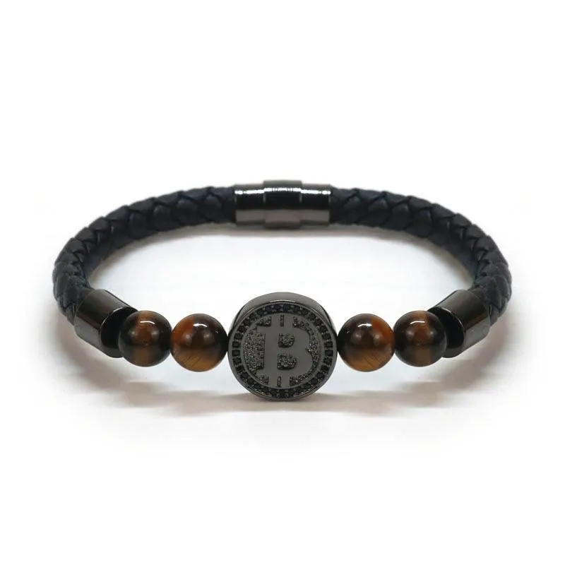 8mm Natural Tiger Eye Stone Luxury Leather Bracelets For Men Gold Color Bitcoin Bracelet Men Pulseira Masculina BT-8