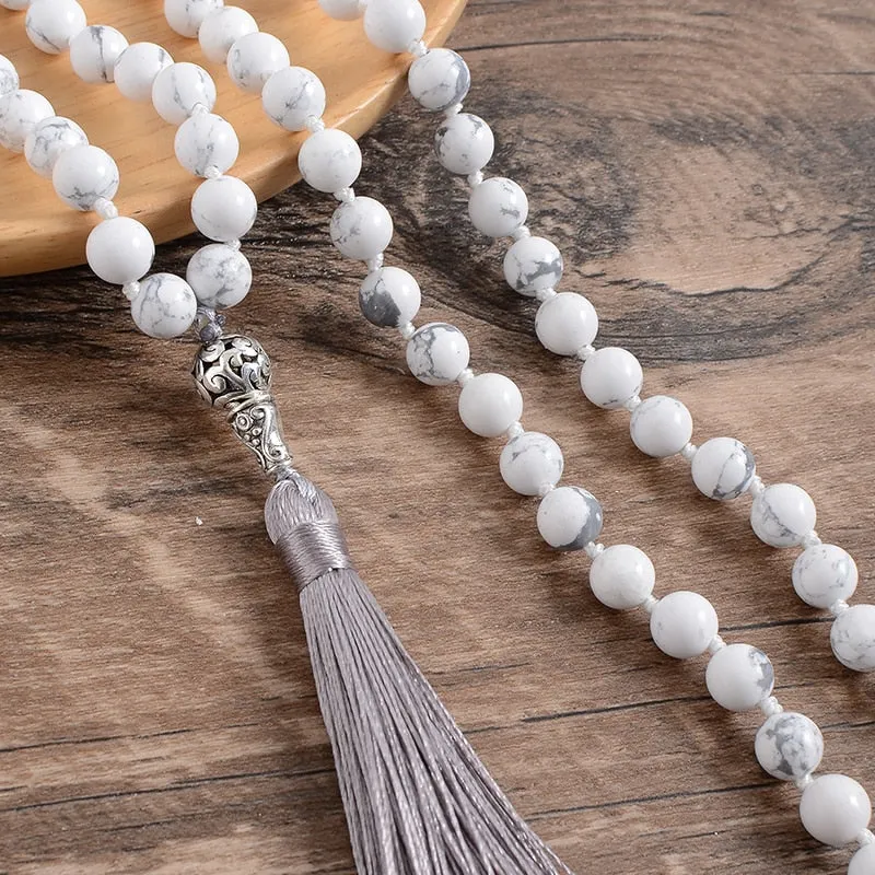 8mm Natural White Howlite Japamala Necklace 108 Mala Beaded