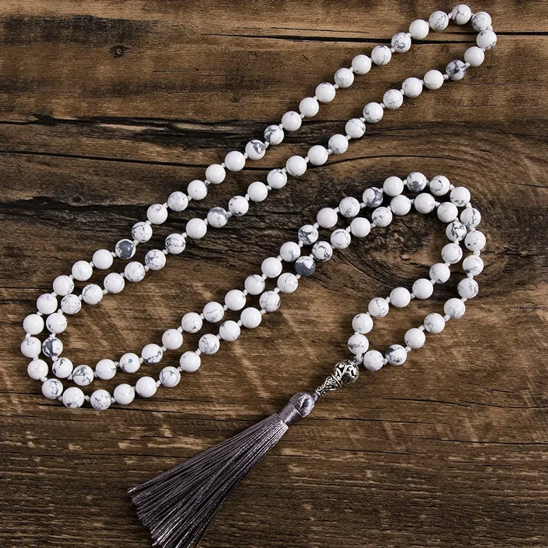 8mm Natural White Howlite Japamala Necklace 108 Mala Beaded