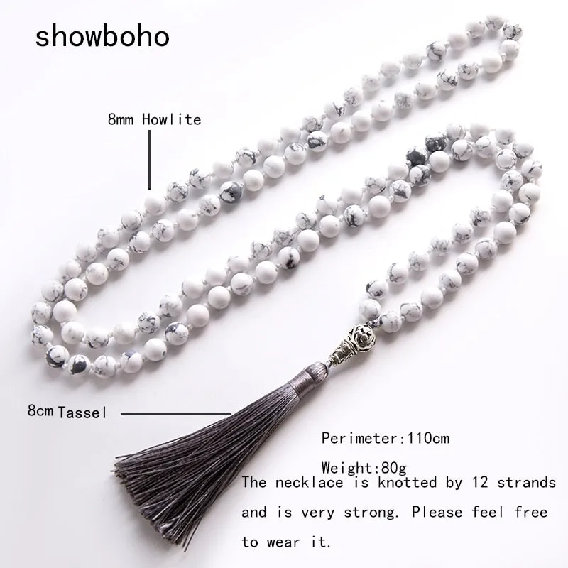 8mm Natural White Howlite Japamala Necklace 108 Mala Beaded