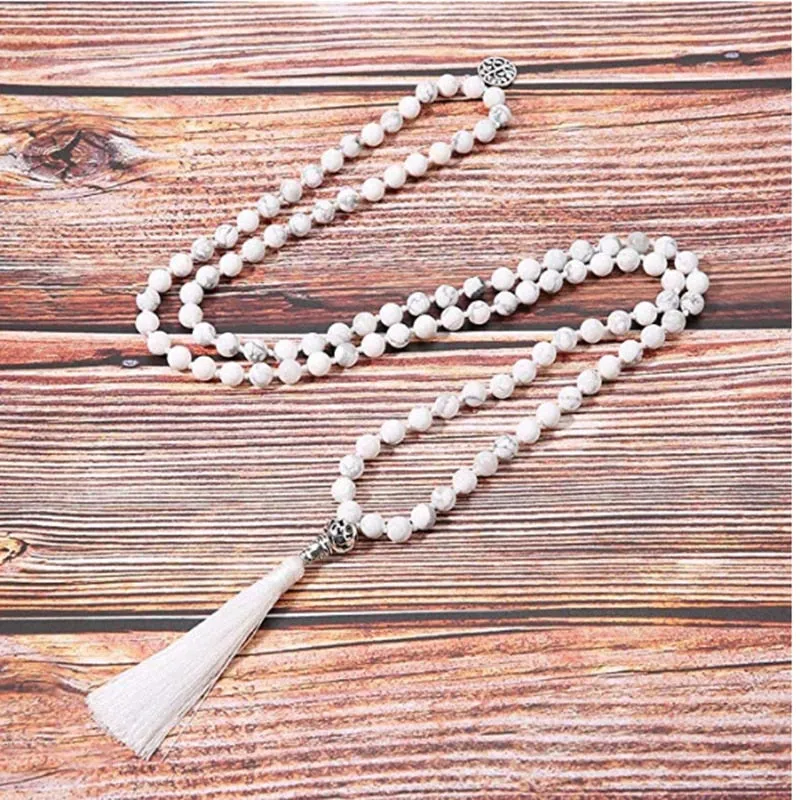 8mm Natural White Howlite Japamala Necklace 108 Mala Beaded