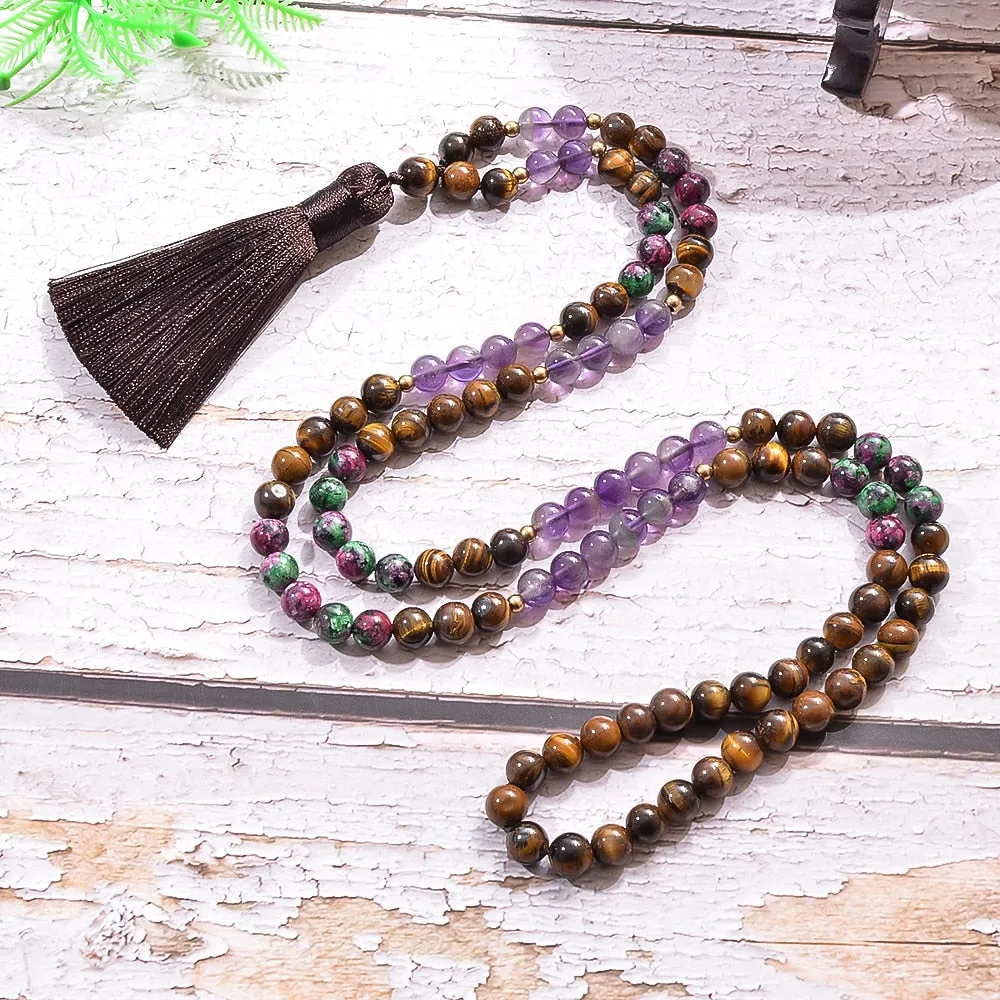 8mm Natural Yellow Tiger Eye Amethyst Beads 108 Mala Necklace