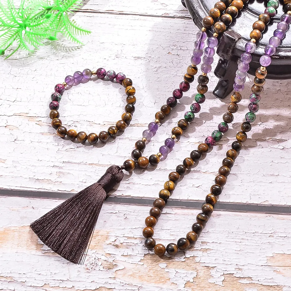 8mm Natural Yellow Tiger Eye Amethyst Beads 108 Mala Necklace