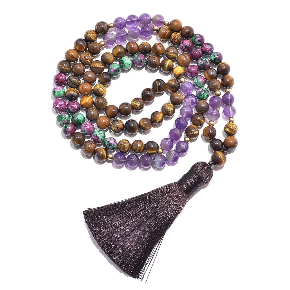 8mm Natural Yellow Tiger Eye Amethyst Beads 108 Mala Necklace
