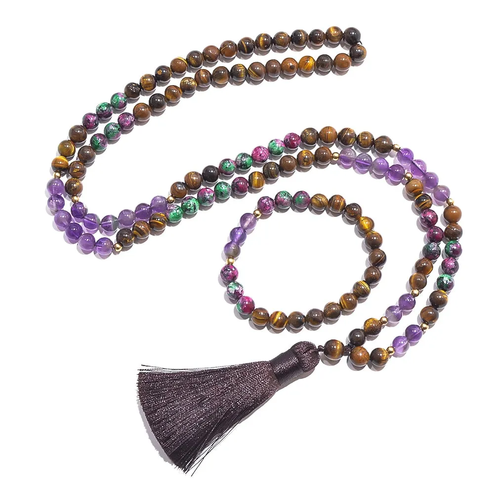 8mm Natural Yellow Tiger Eye Amethyst Beads 108 Mala Necklace