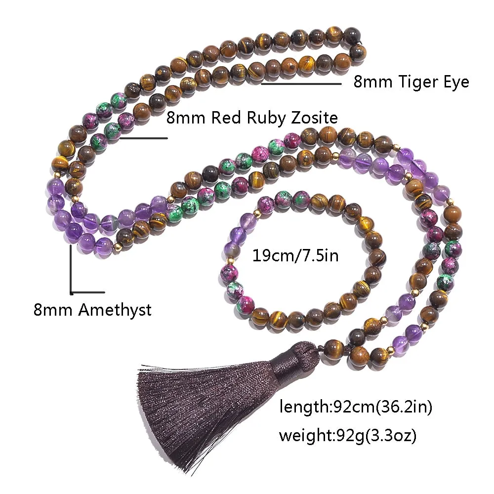 8mm Natural Yellow Tiger Eye Amethyst Beads 108 Mala Necklace