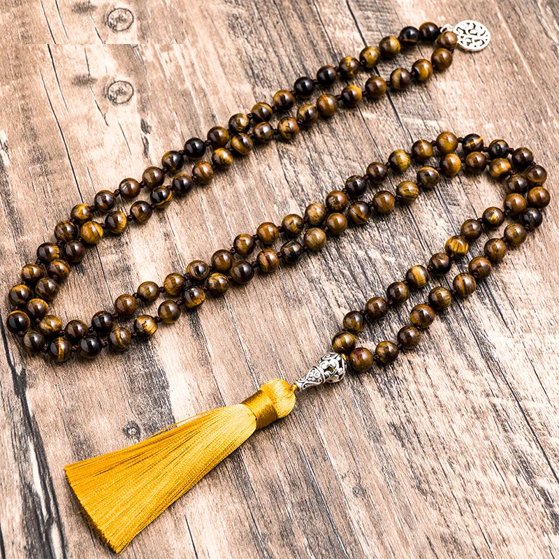 8mm Natural Yellow Tiger Eye Knotted Mala Necklace