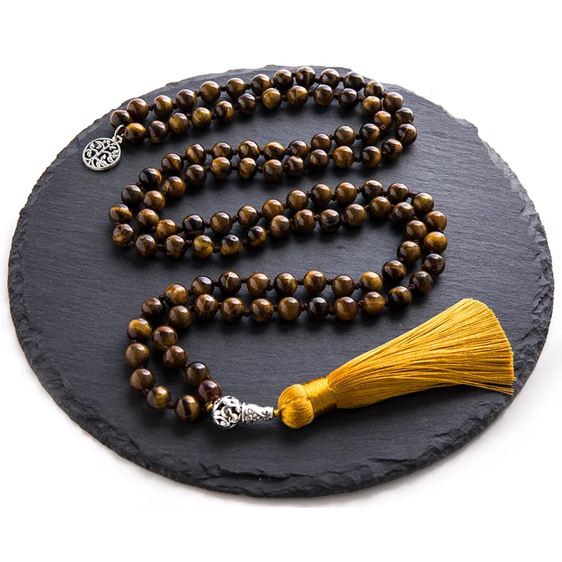 8mm Natural Yellow Tiger Eye Knotted Mala Necklace
