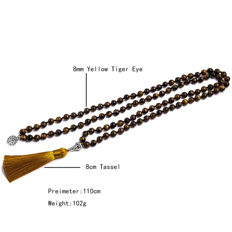 8mm Natural Yellow Tiger Eye Knotted Mala Necklace