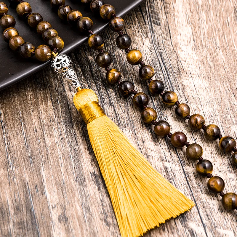8mm Natural Yellow Tiger Eye Knotted Mala Necklace