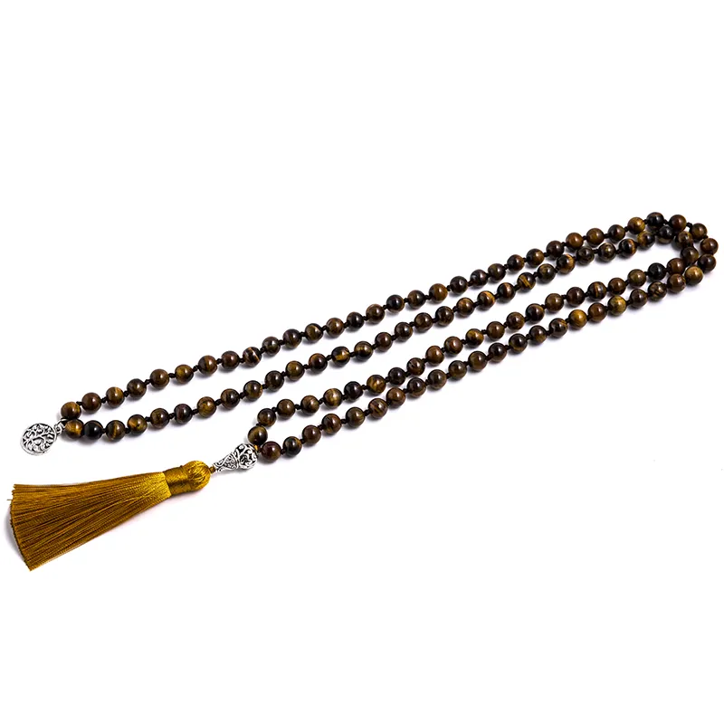 8mm Natural Yellow Tiger Eye Knotted Mala Necklace