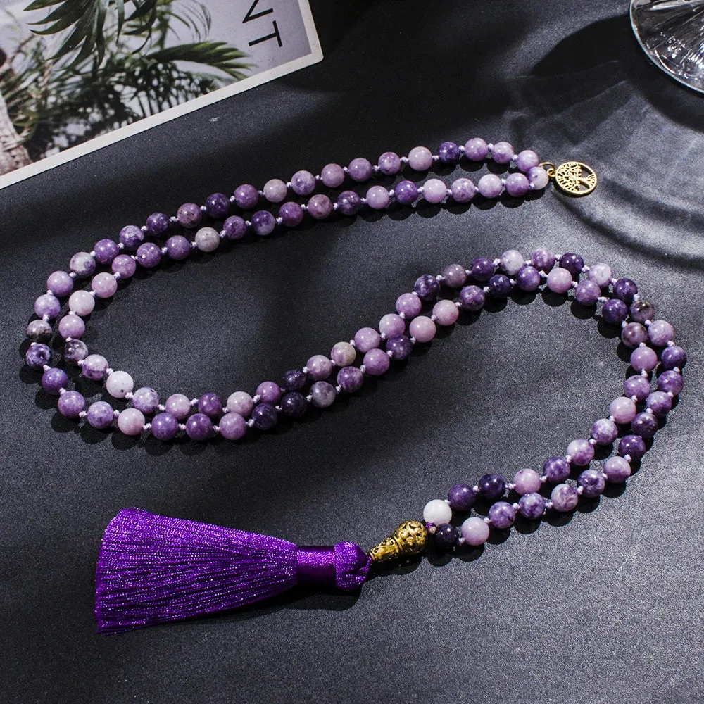 8mm Purple Lepidolite Beaded Knotted 108 Mala Necklace Meditation