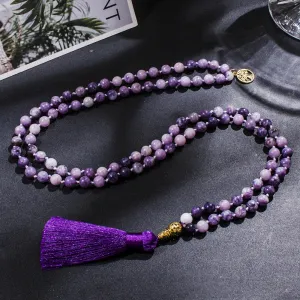 8mm Purple Lepidolite Beaded Knotted 108 Mala Necklace Meditation