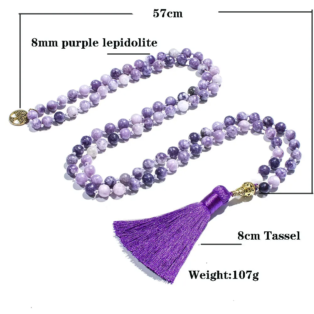 8mm Purple Lepidolite Beaded Knotted 108 Mala Necklace Meditation