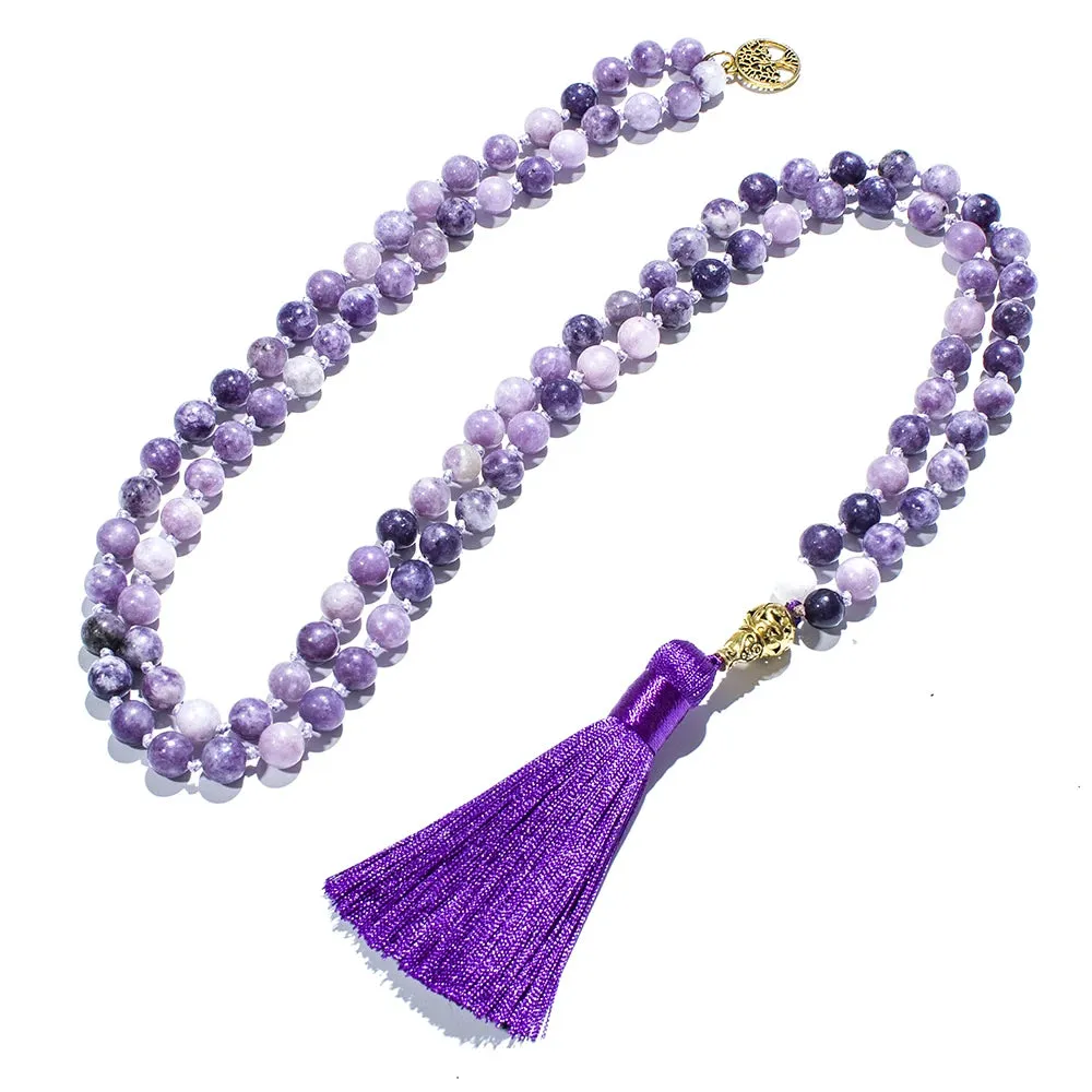 8mm Purple Lepidolite Beaded Knotted 108 Mala Necklace Meditation