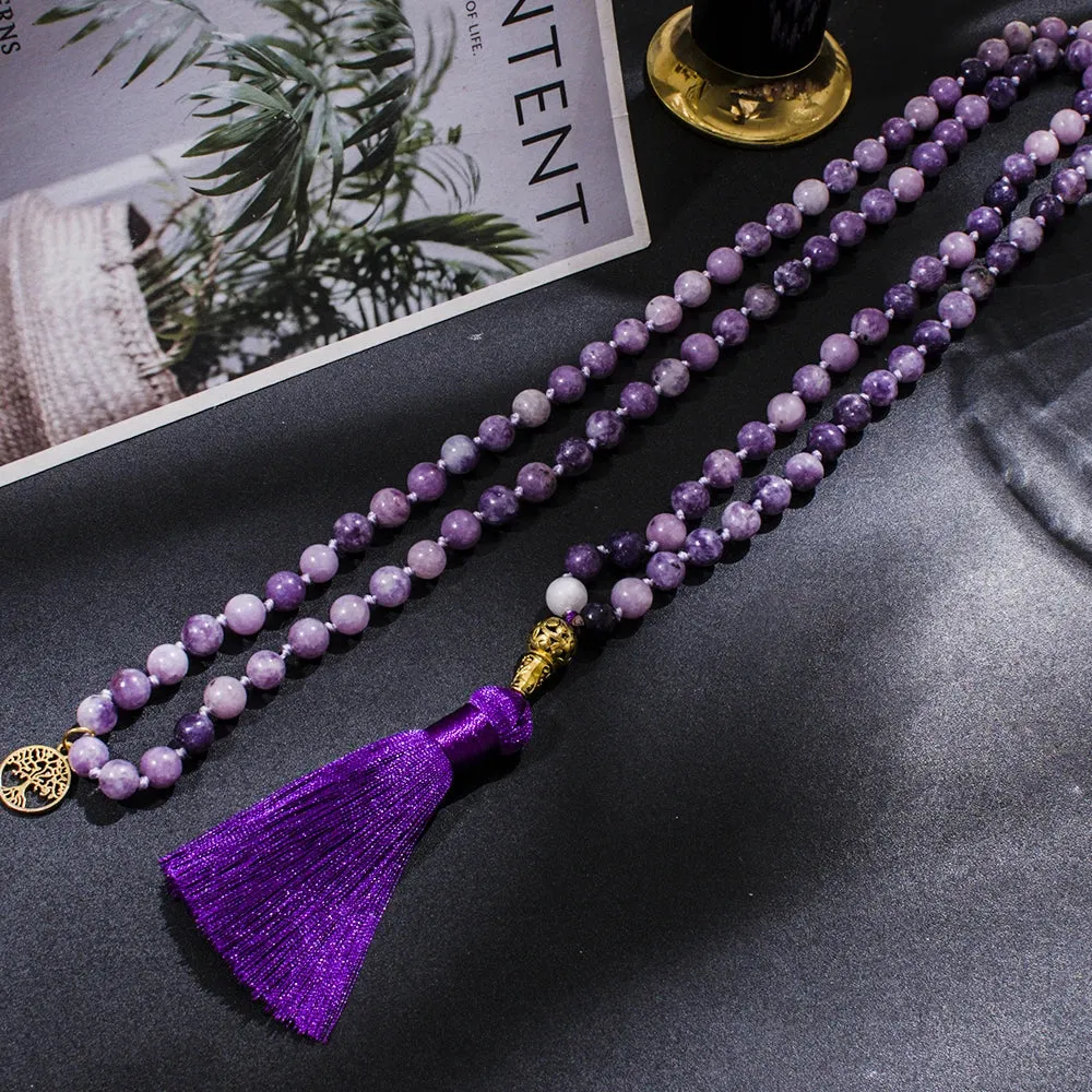 8mm Purple Lepidolite Beaded Knotted 108 Mala Necklace Meditation