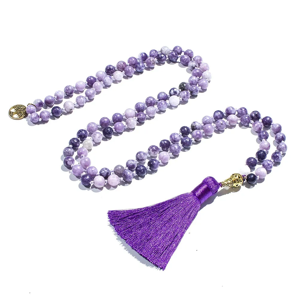 8mm Purple Lepidolite Beaded Knotted 108 Mala Necklace Meditation