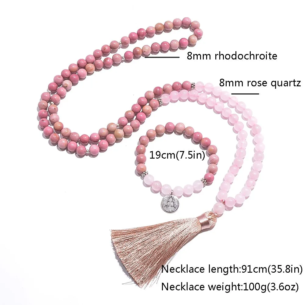 8mm Rhodochrosite Rose Quartz Beads 108 Mala Necklace