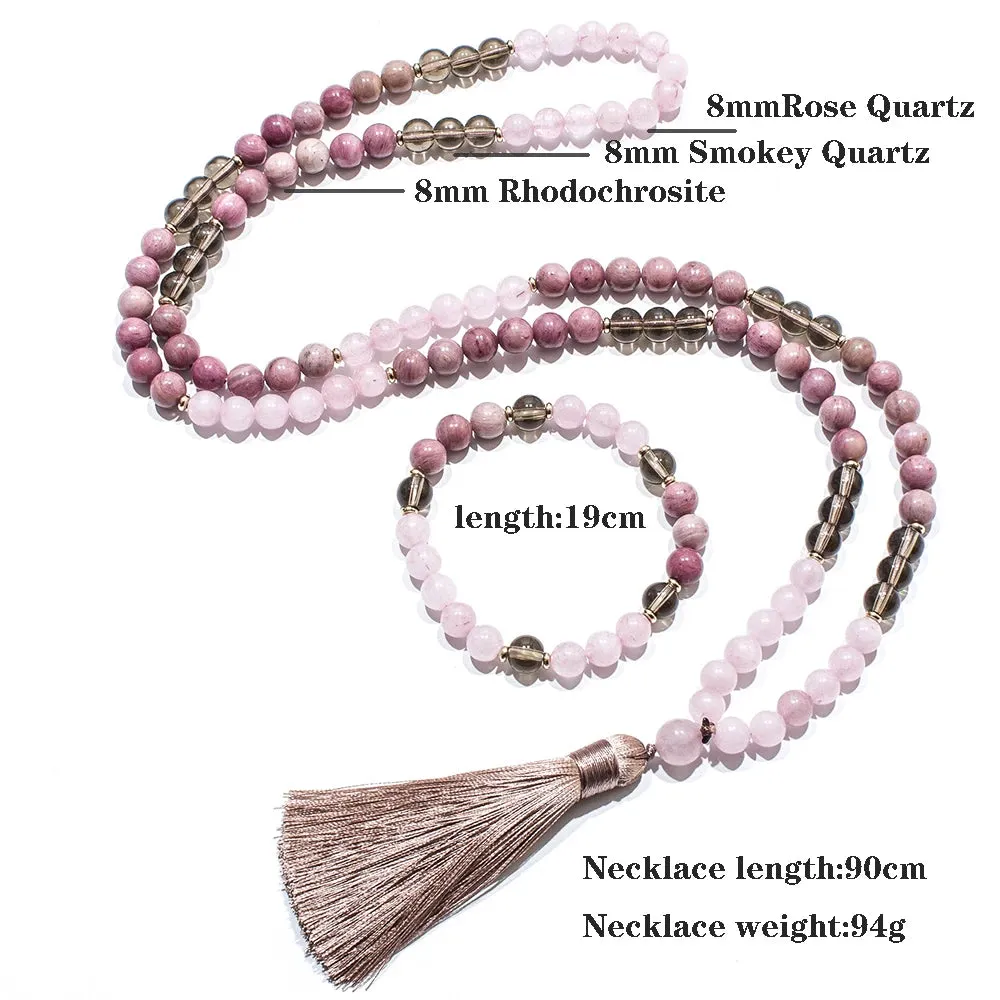 8mm Rhododenite Rose Quartz Beaded 108 Mala Necklace Meditation