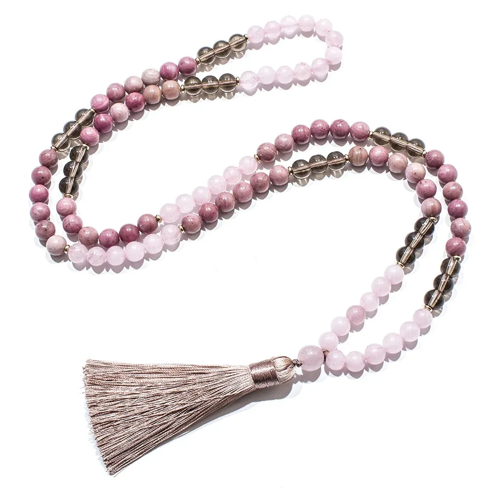 8mm Rhododenite Rose Quartz Beaded 108 Mala Necklace Meditation