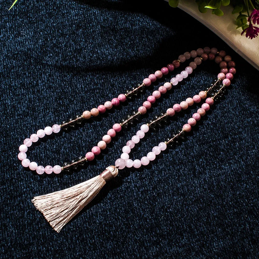 8mm Rhododenite Rose Quartz Beaded 108 Mala Necklace Meditation