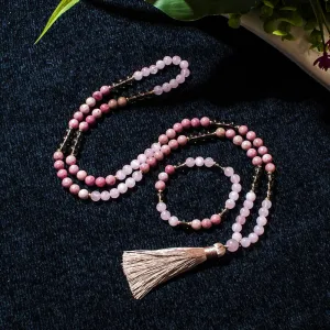 8mm Rhododenite Rose Quartz Beaded 108 Mala Necklace Meditation