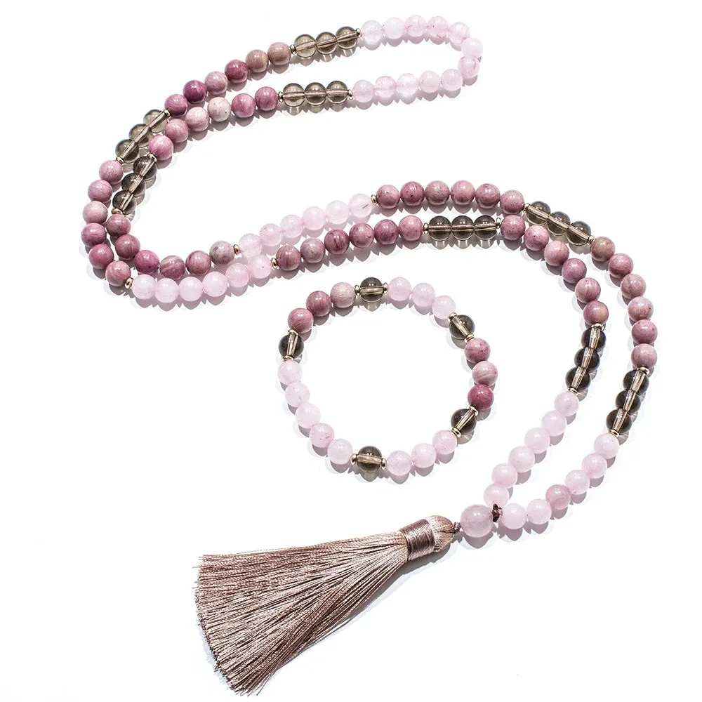 8mm Rhododenite Rose Quartz Beaded 108 Mala Necklace Meditation