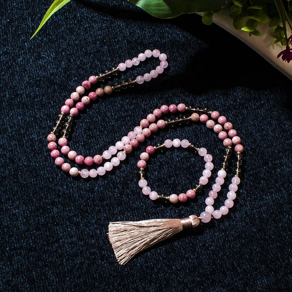 8mm Rhododenite Rose Quartz Beaded 108 Mala Necklace Meditation