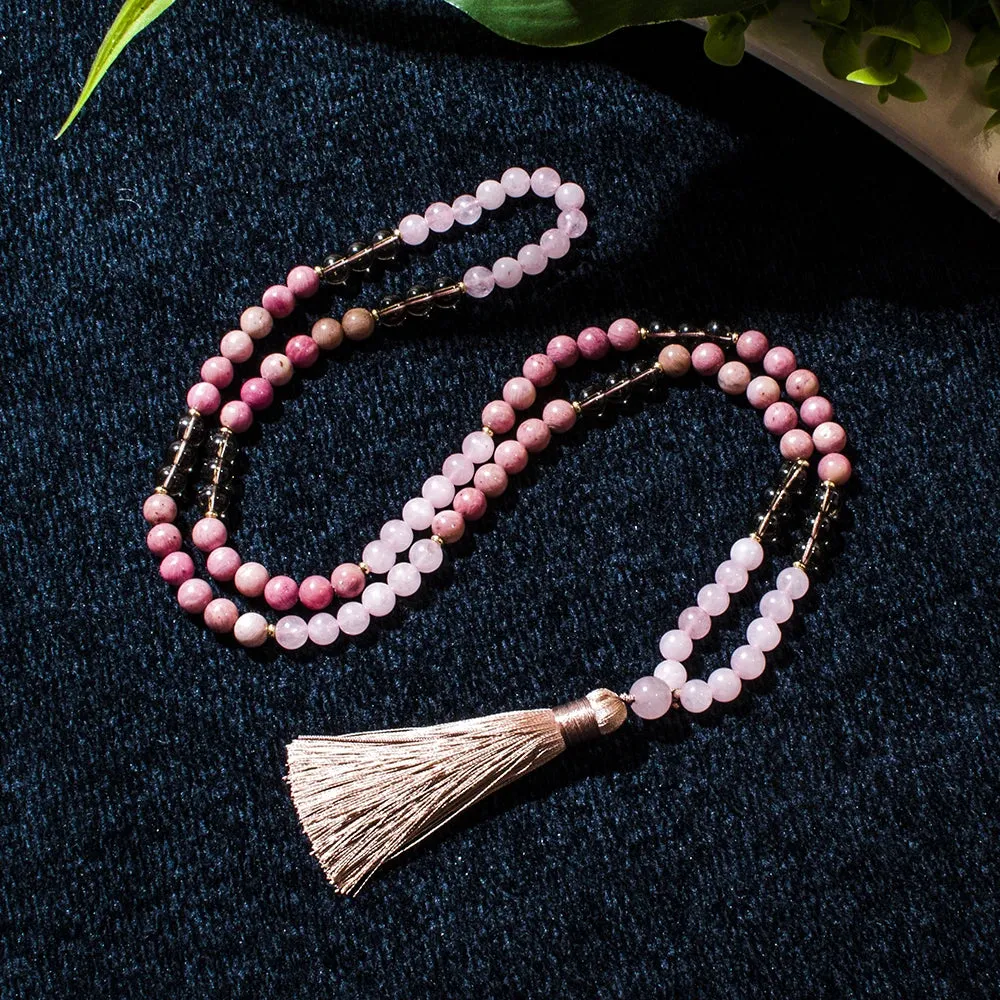 8mm Rhododenite Rose Quartz Beaded 108 Mala Necklace Meditation