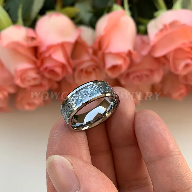 8mm Wedding Band Tungsten Rings for Men Women Polished Shiny Gears