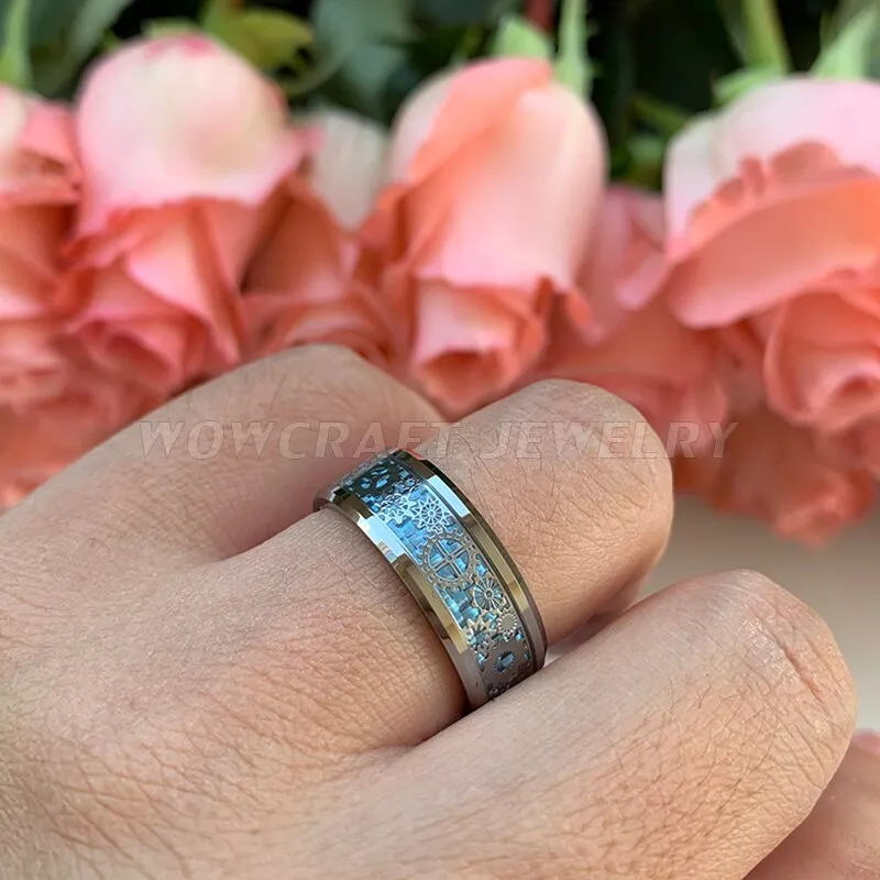 8mm Wedding Band Tungsten Rings for Men Women Polished Shiny Gears