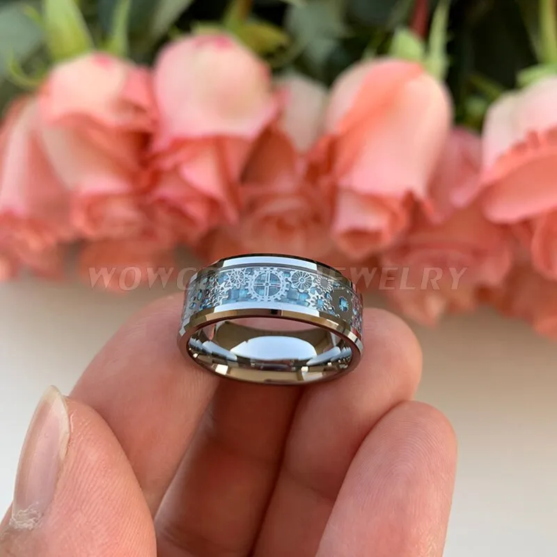 8mm Wedding Band Tungsten Rings for Men Women Polished Shiny Gears