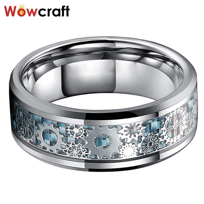 8mm Wedding Band Tungsten Rings for Men Women Polished Shiny Gears