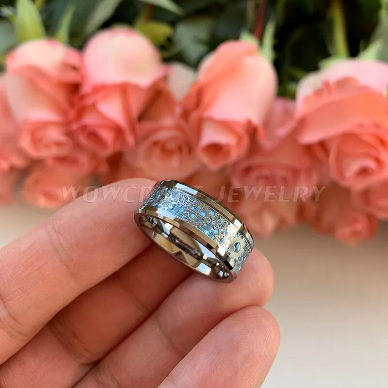 8mm Wedding Band Tungsten Rings for Men Women Polished Shiny Gears