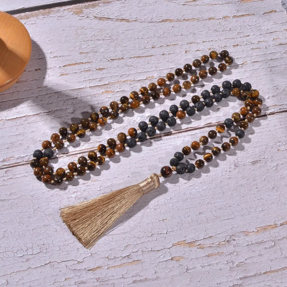 8mm Yellow Tiger Eye Black Lava Stone Beads Knotted 108 Mala Necklace