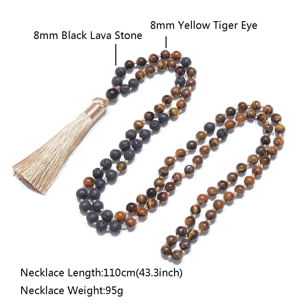 8mm Yellow Tiger Eye Black Lava Stone Beads Knotted 108 Mala Necklace