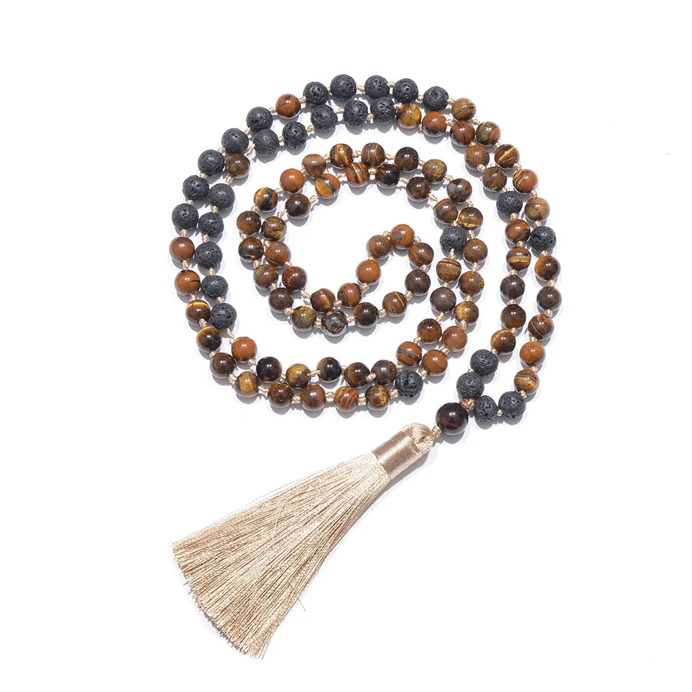8mm Yellow Tiger Eye Black Lava Stone Beads Knotted 108 Mala Necklace