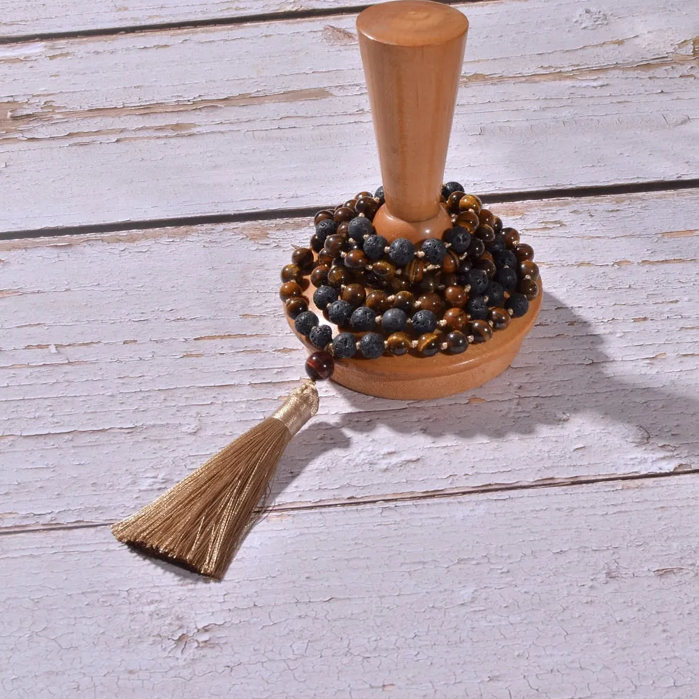 8mm Yellow Tiger Eye Black Lava Stone Beads Knotted 108 Mala Necklace