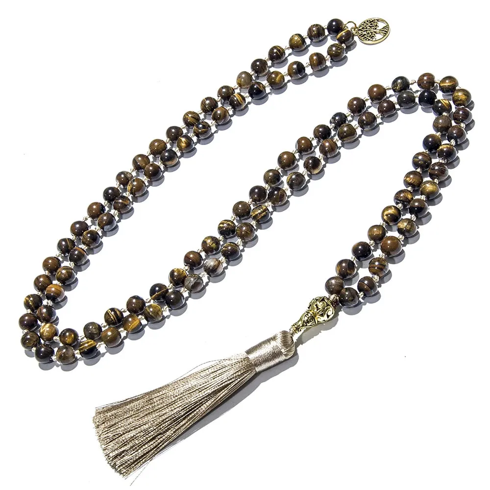 8mm Yellow Tiger Eye Knotted 108 Mala Beads Necklace Meditation